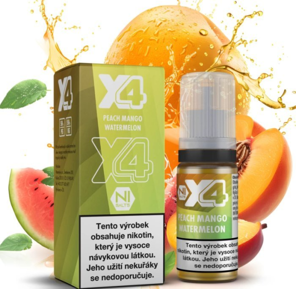 X4 Bar Juice Salt liquid - Broskev, mango a meloun (Peach Mango Watermelon) 10ml - 20mg
